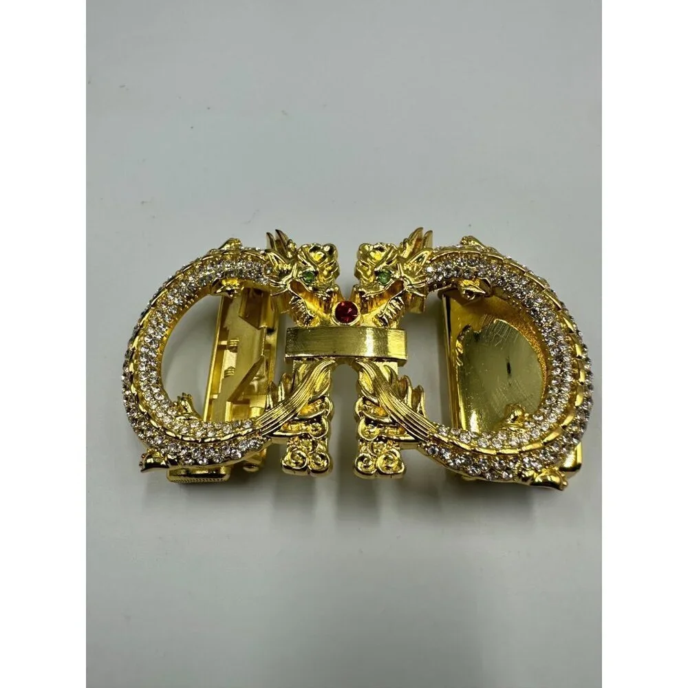 Dragon Rhinestone Ratchet Belt Buckle Gold Tone Automatic Slide Fantasy